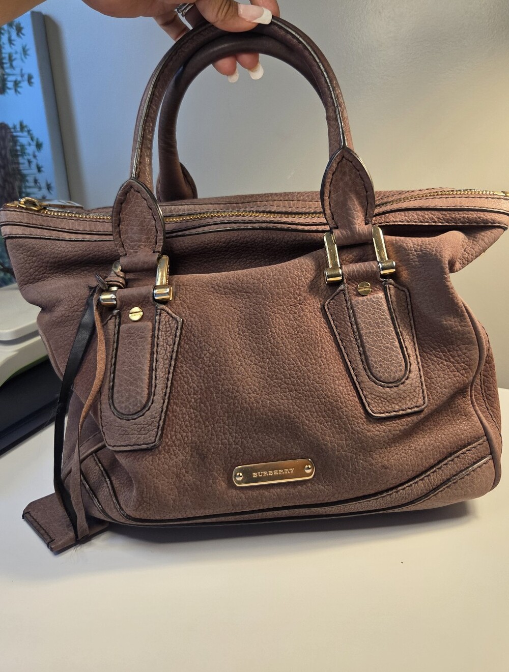 Burberry Mauve Brown Pebbled Leather Satchel with Gold Hardware